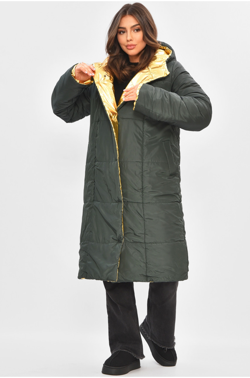 Куртка жіноча демісезонна двостороння зелено-золотого кольору 205279