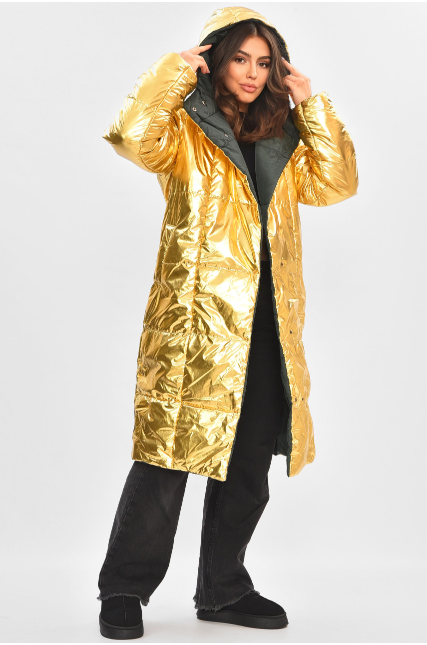 Куртка жіноча демісезонна двостороння зелено-золотого кольору 205279