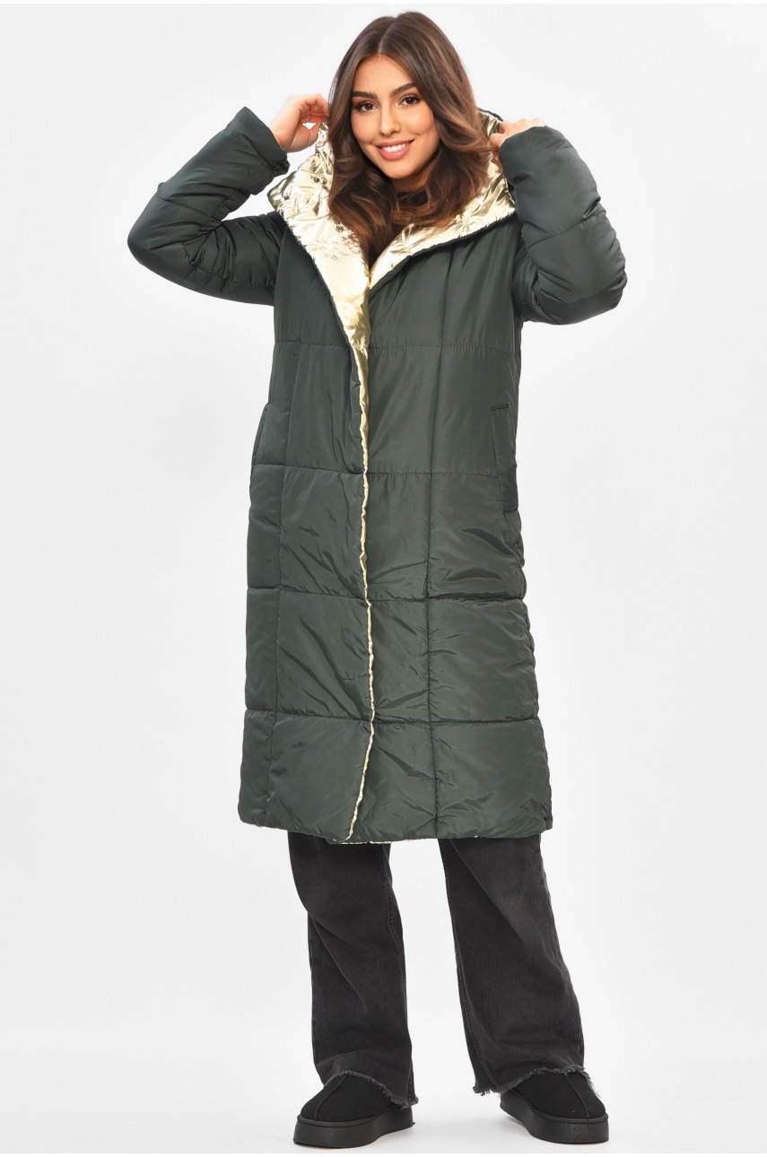Куртка жіноча демісезонна двостороння зелено-золотого кольору 205280