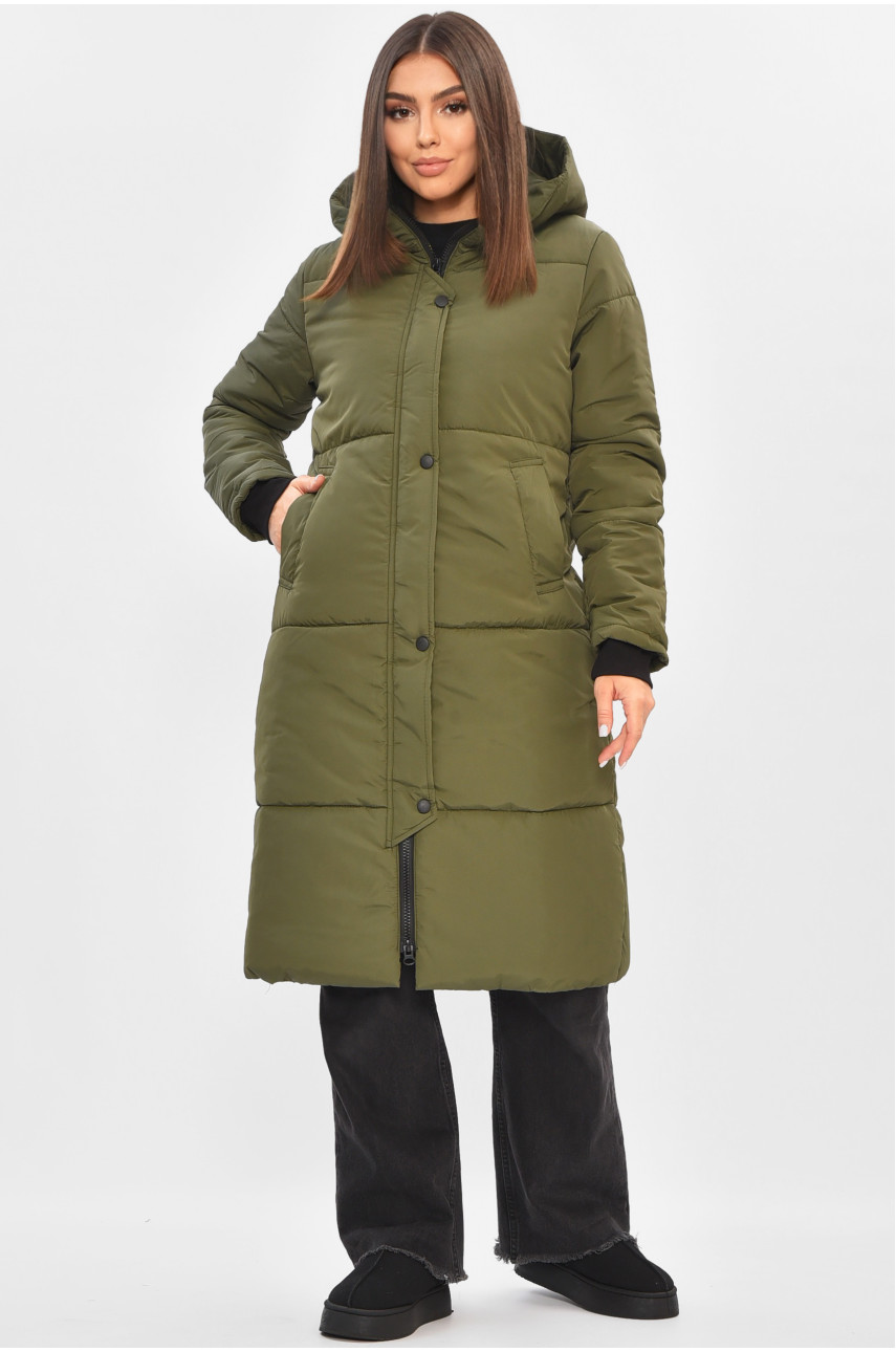 Куртка жіноча подовжена демісезонна темно-зеленого кольору 322-1 205496