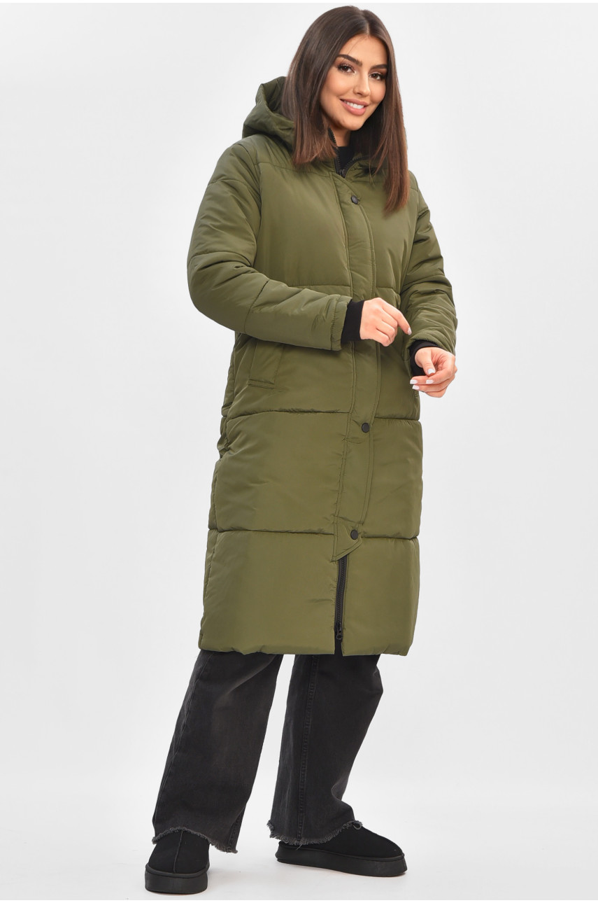 Куртка жіноча подовжена демісезонна темно-зеленого кольору 322-1 205496