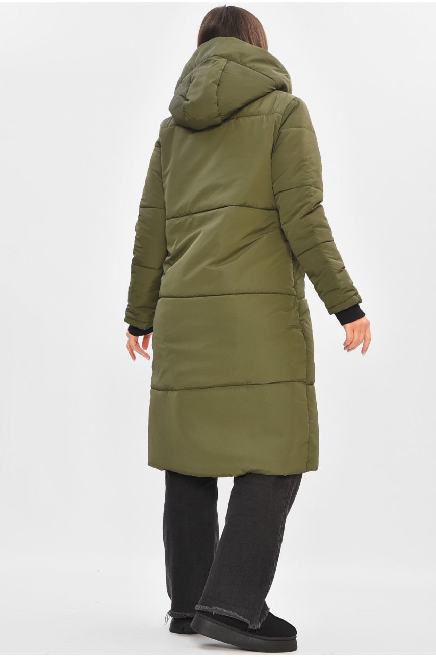 Куртка жіноча подовжена демісезонна темно-зеленого кольору 322-1 205496