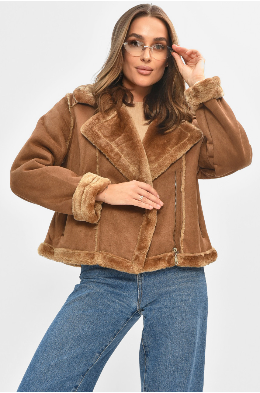 Дублянка жіноча коричневого кольору на штучному хутрі 88165 205647