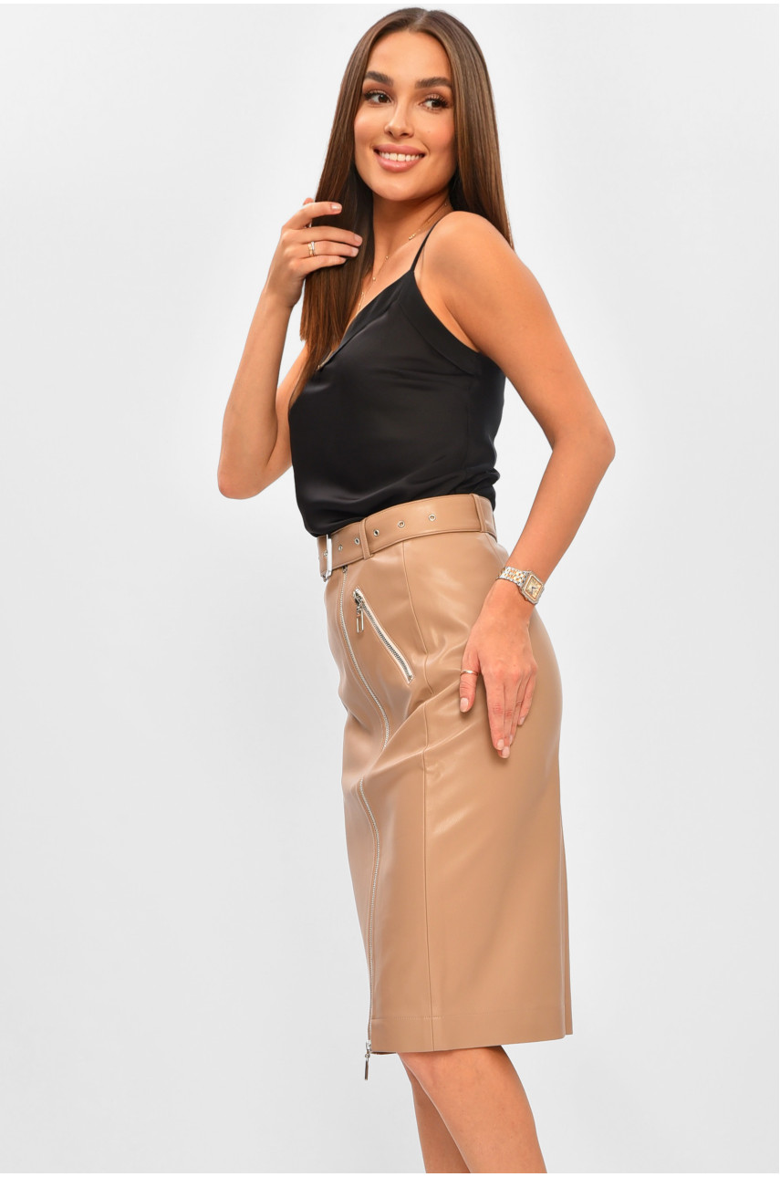 Юбка женская экокожа однотонная бежевого цвета 3764 205757