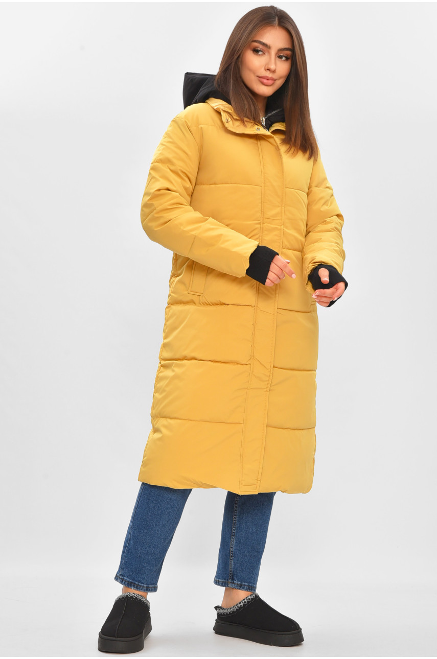 Куртка жіноча подовжена зима гірчичного кольору 8325 206086
