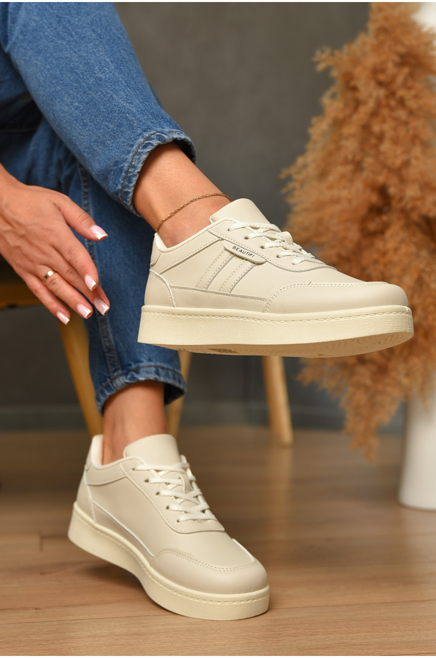 Кроссовки женские светло-бежевого цвета на шнуровке 553-559 206095