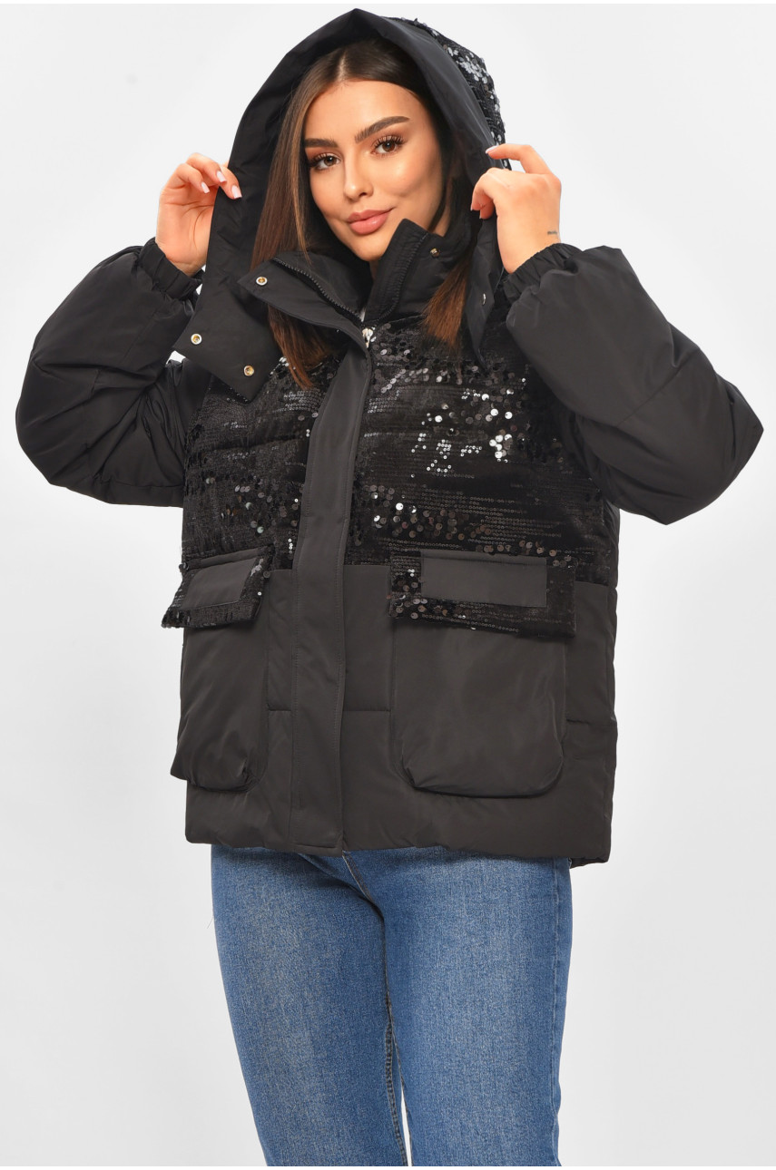 Куртка жіноча демісезонна з паєтками чорного кольору 026 206108