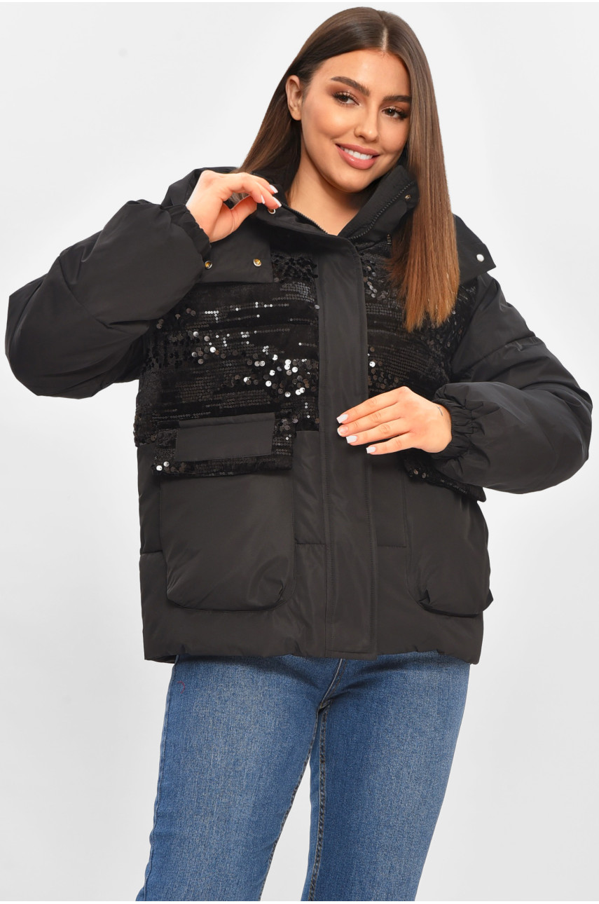 Куртка жіноча демісезонна з паєтками чорного кольору 026 206108