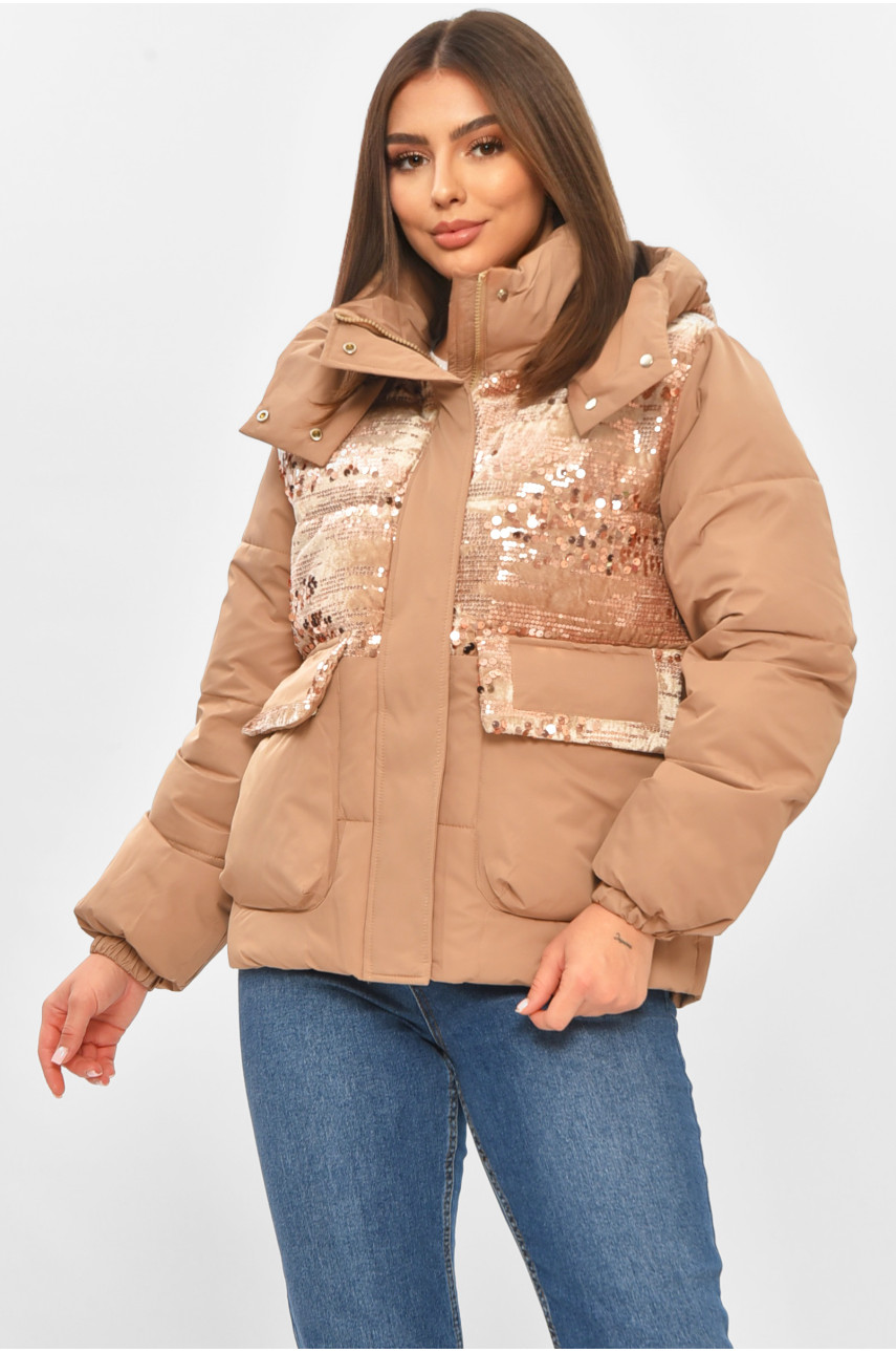 Куртка жіноча демісезонна з паєтками бежевого кольору 026 206113
