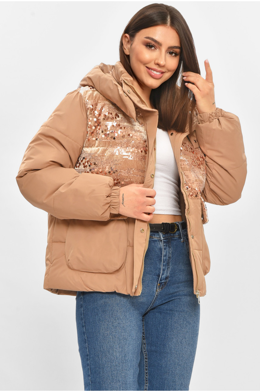Куртка жіноча демісезонна з паєтками бежевого кольору 026 206113
