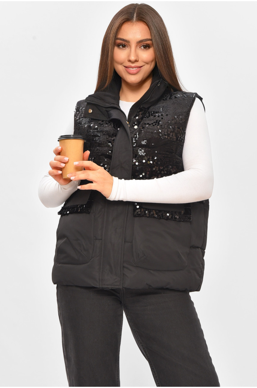 Жилетка женская однотонная черного цвета с пайетками 01 206130