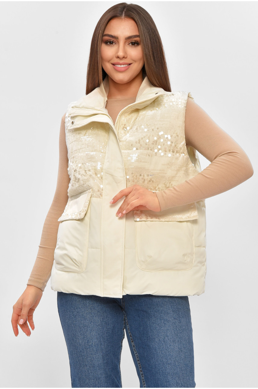 Жилетка женская однотонная белого цвета с пайетками 01 206131
