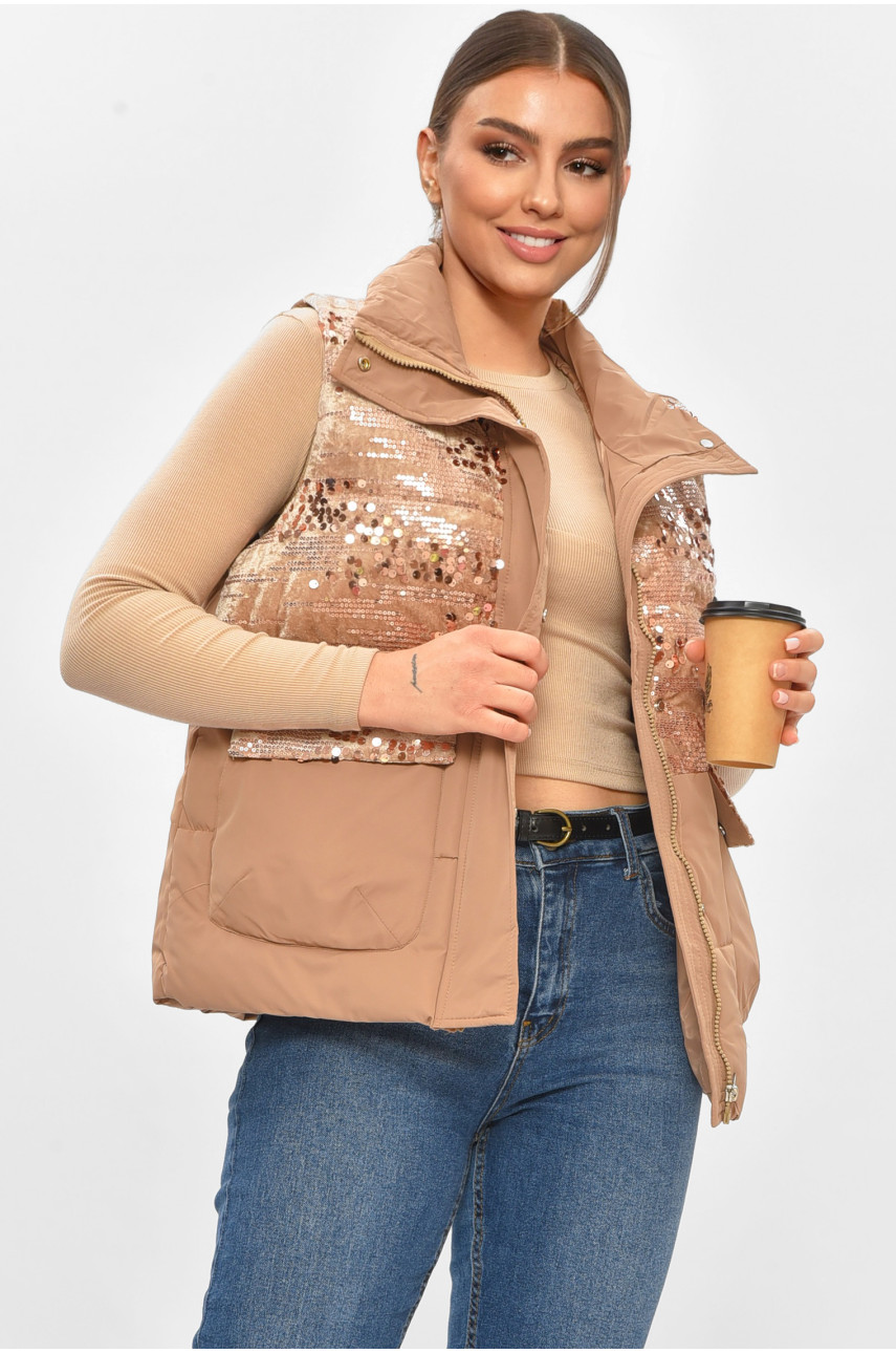 Жилетка женская однотонная тёмно-бежевого цвета с пайетками 01 206132