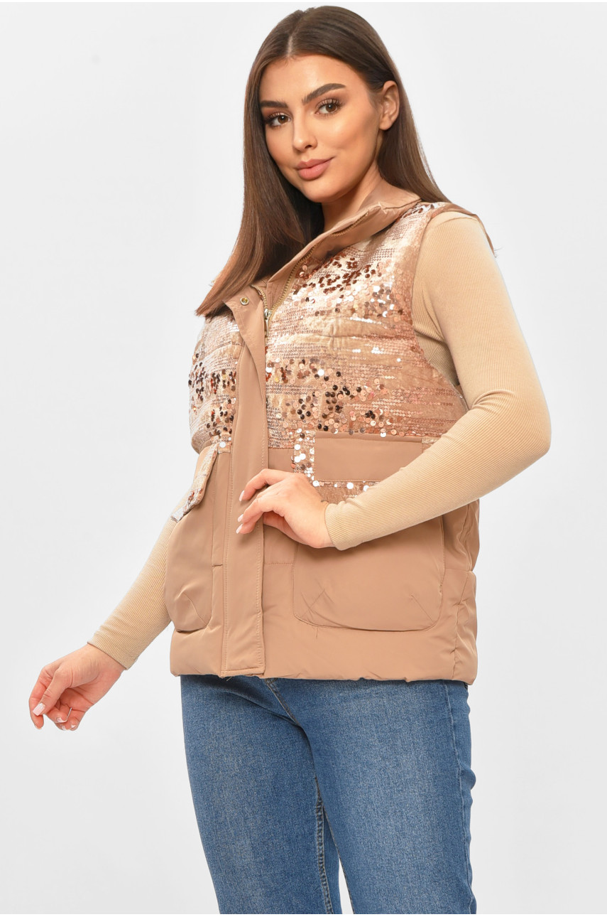 Жилетка женская однотонная тёмно-бежевого цвета с пайетками 01 206132