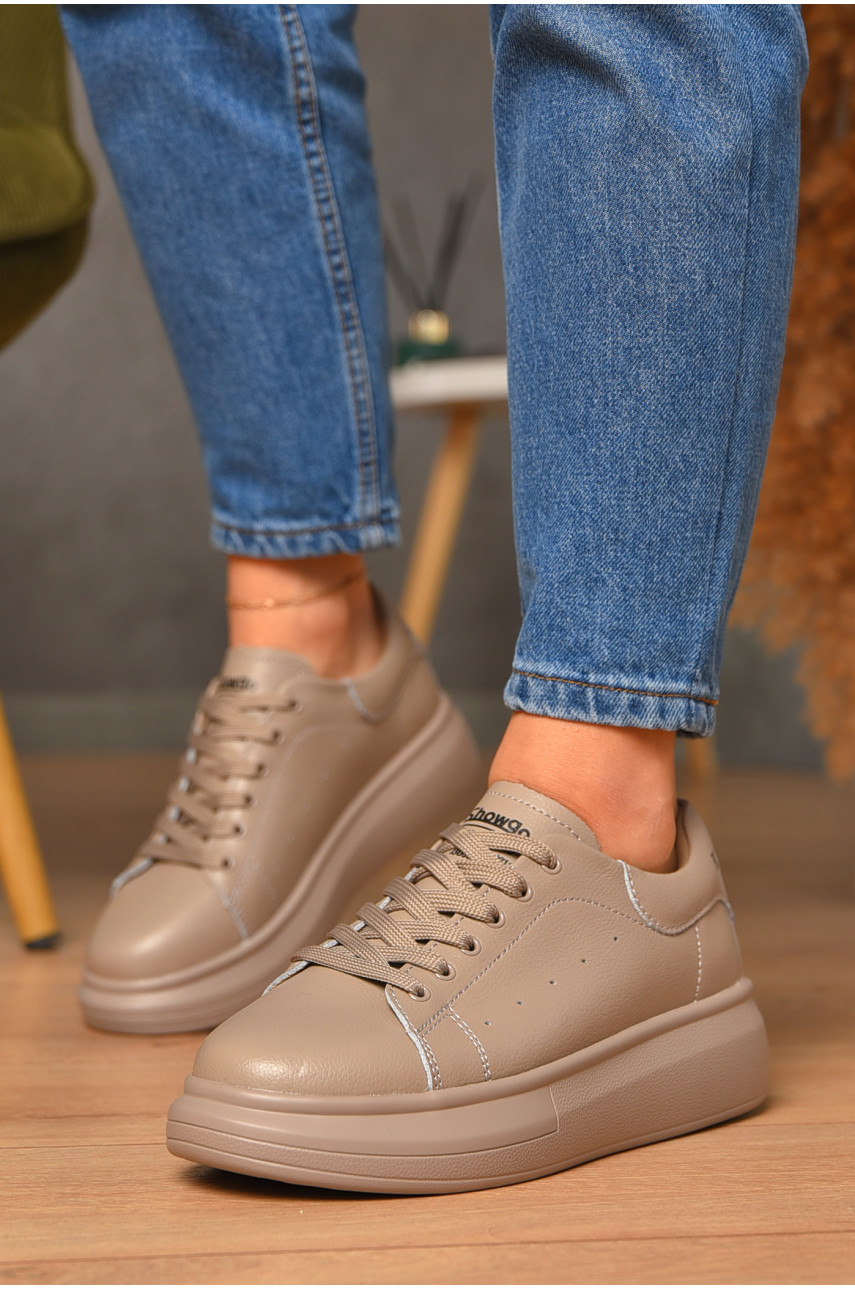 Кроссовки женские натуральная кожа темно-бежевого цвета на шнуровке 329-36 206191