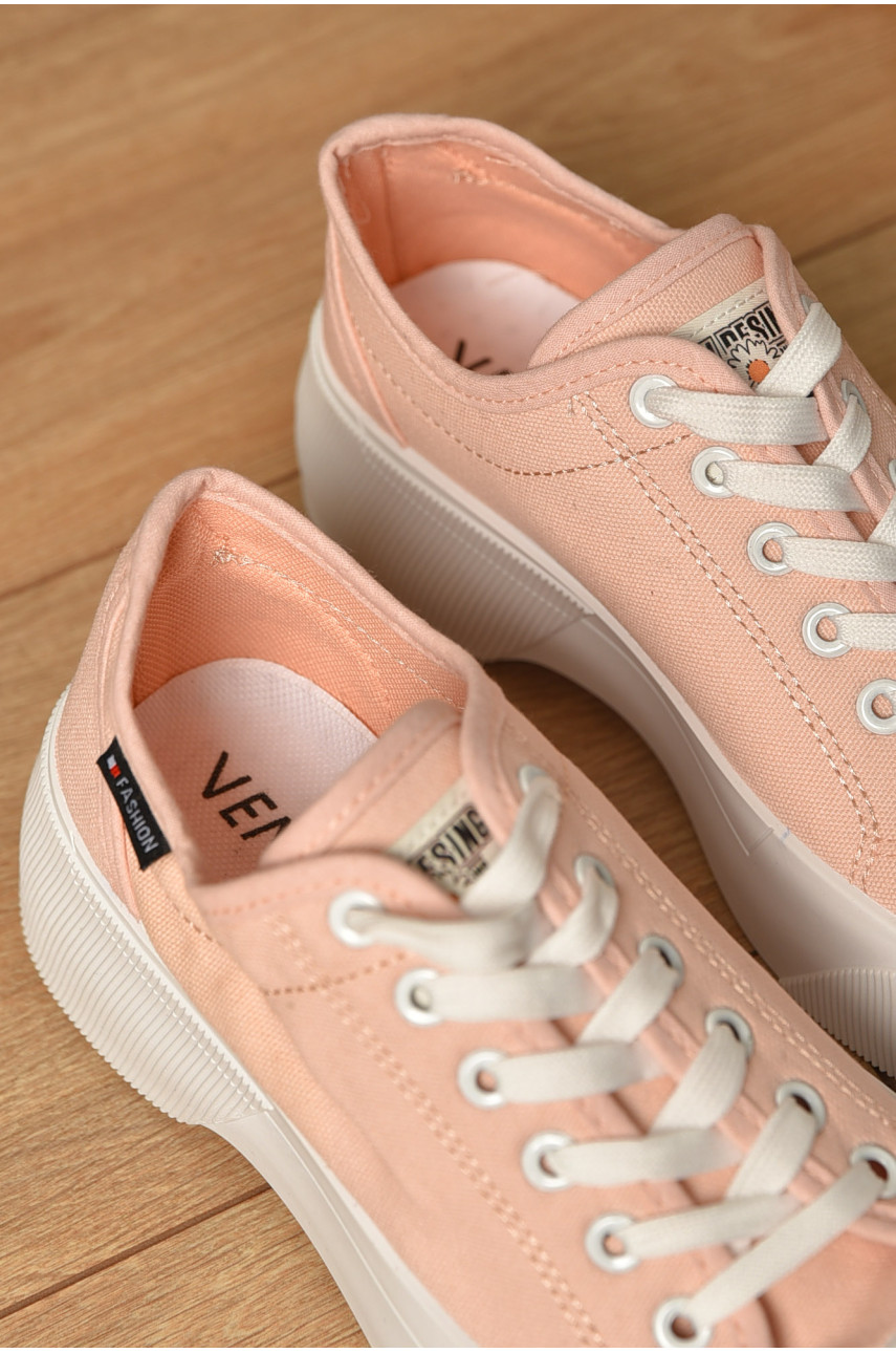 Кеды женские розового цвета на шнуровке текстиль 523-5 206204