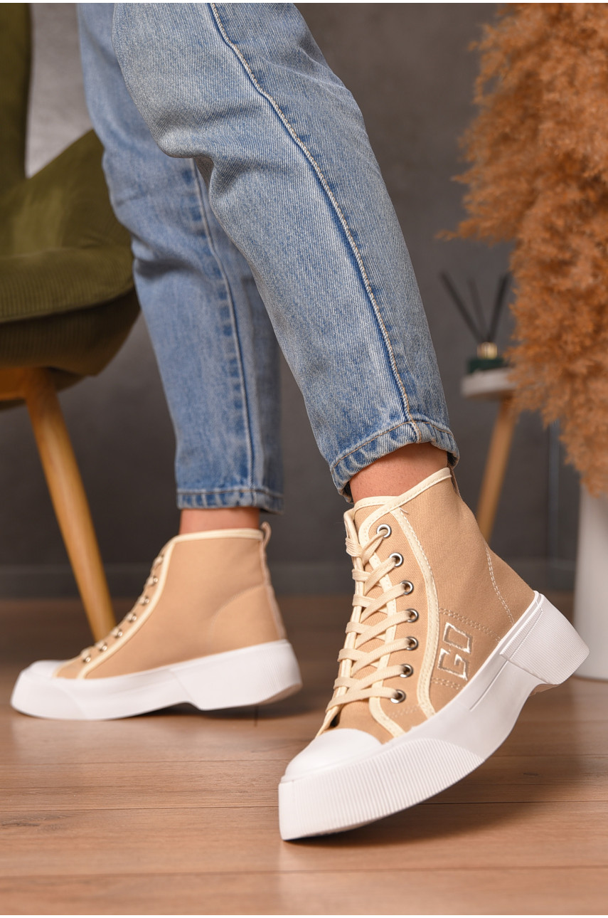 Кеды женские высокие бежевого цвета на шнуровке текстиль 525-2 206208