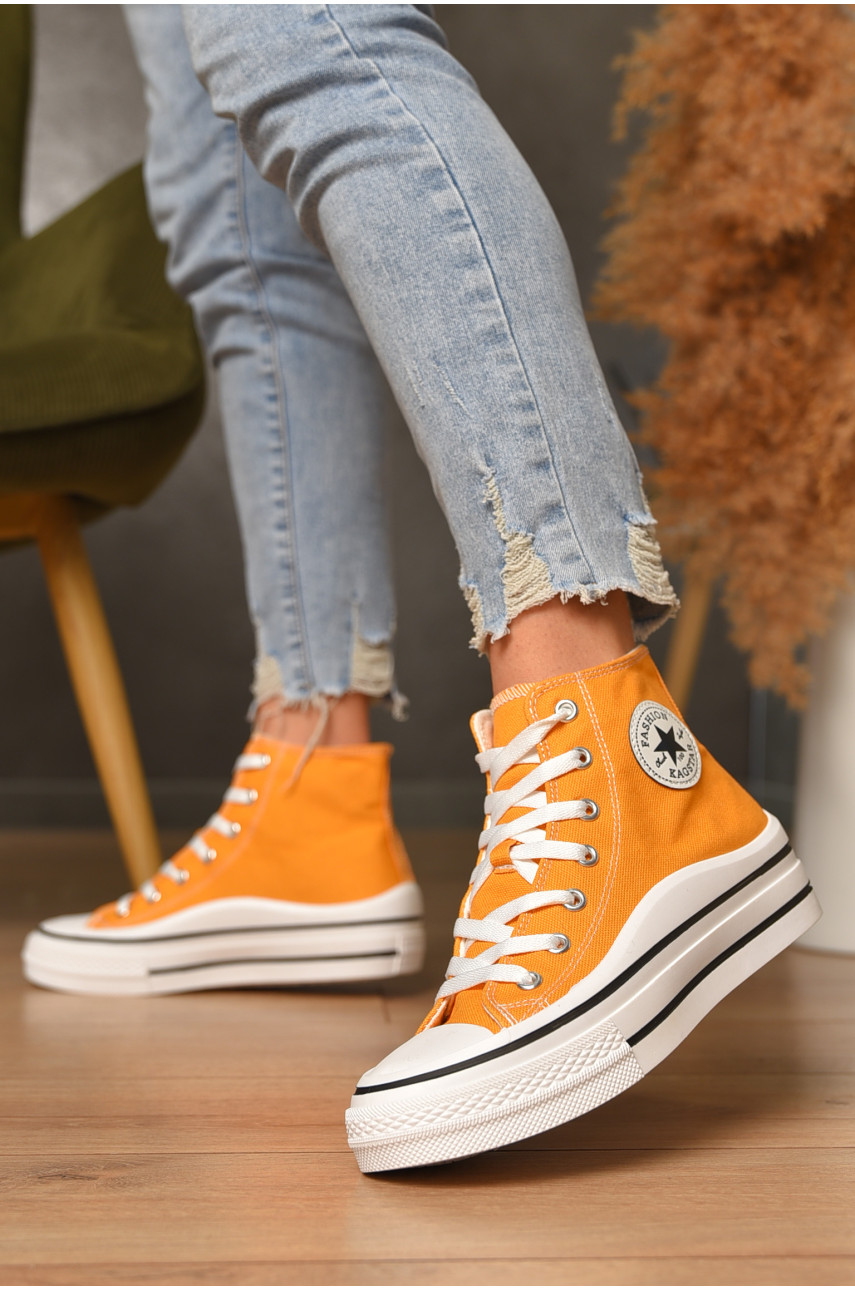 Кеды женские высокие оранжевого цвета на шнуровке текстиль 42-8 206209