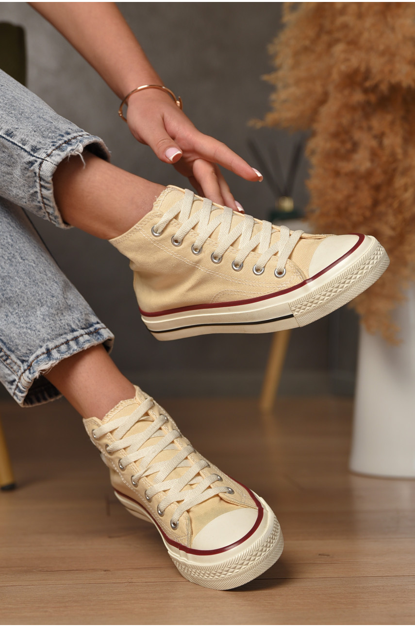 Кеды женские высокие молочного цвета на шнуровке текстиль 3903-6 206217