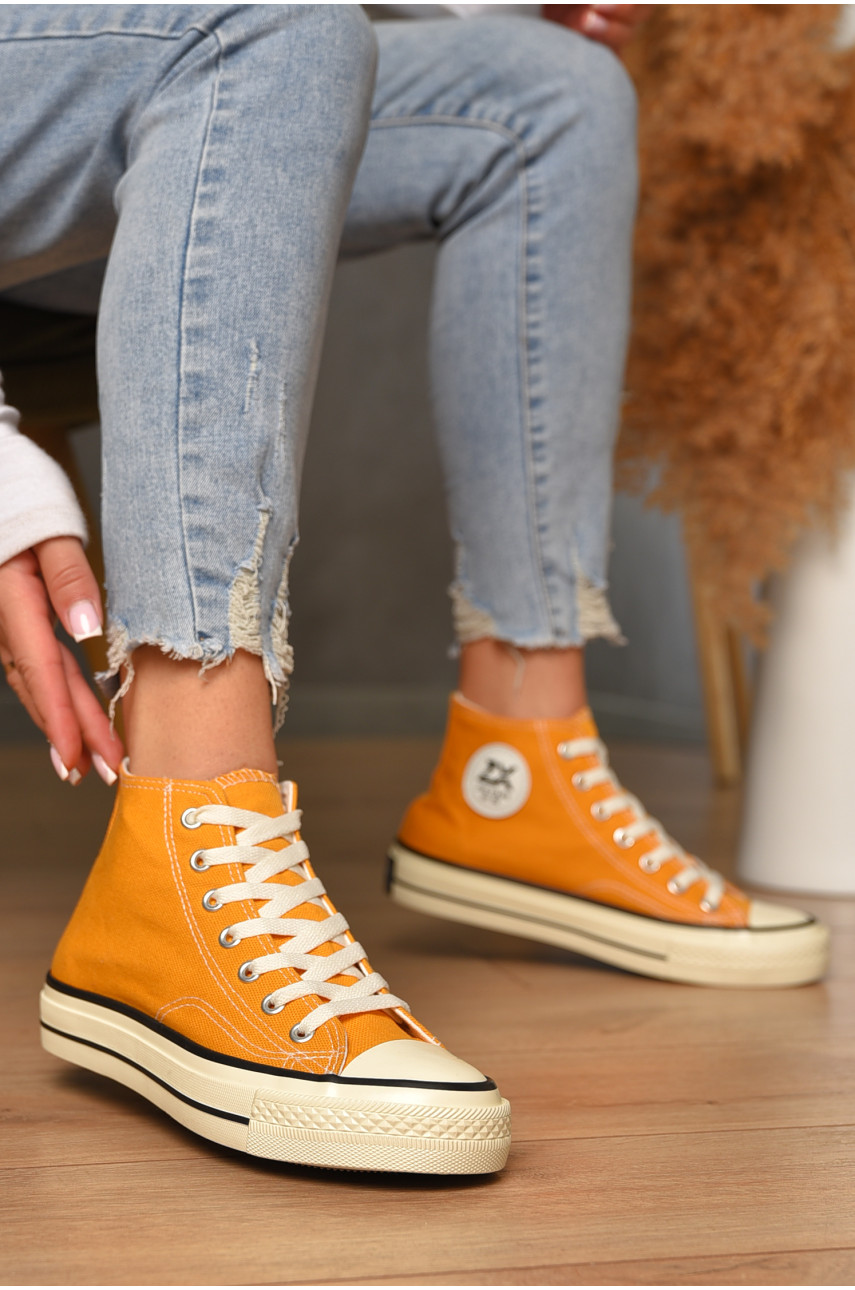 Кеды женские высокие оранжевого цвета на шнуровке текстиль 3903-3 206218