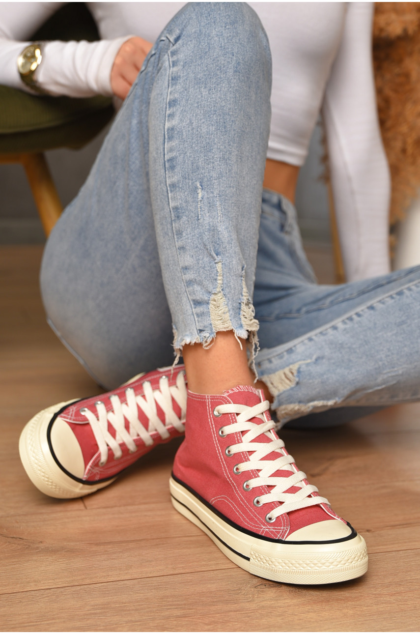 Кеди жіночі високі темно-рожевого кольору на шнурівці текстиль 3903-2 206219