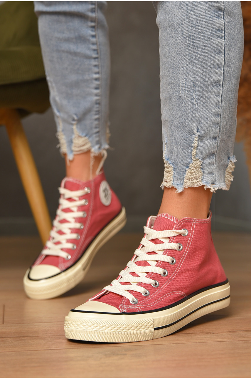 Кеди жіночі високі темно-рожевого кольору на шнурівці текстиль 3903-2 206219