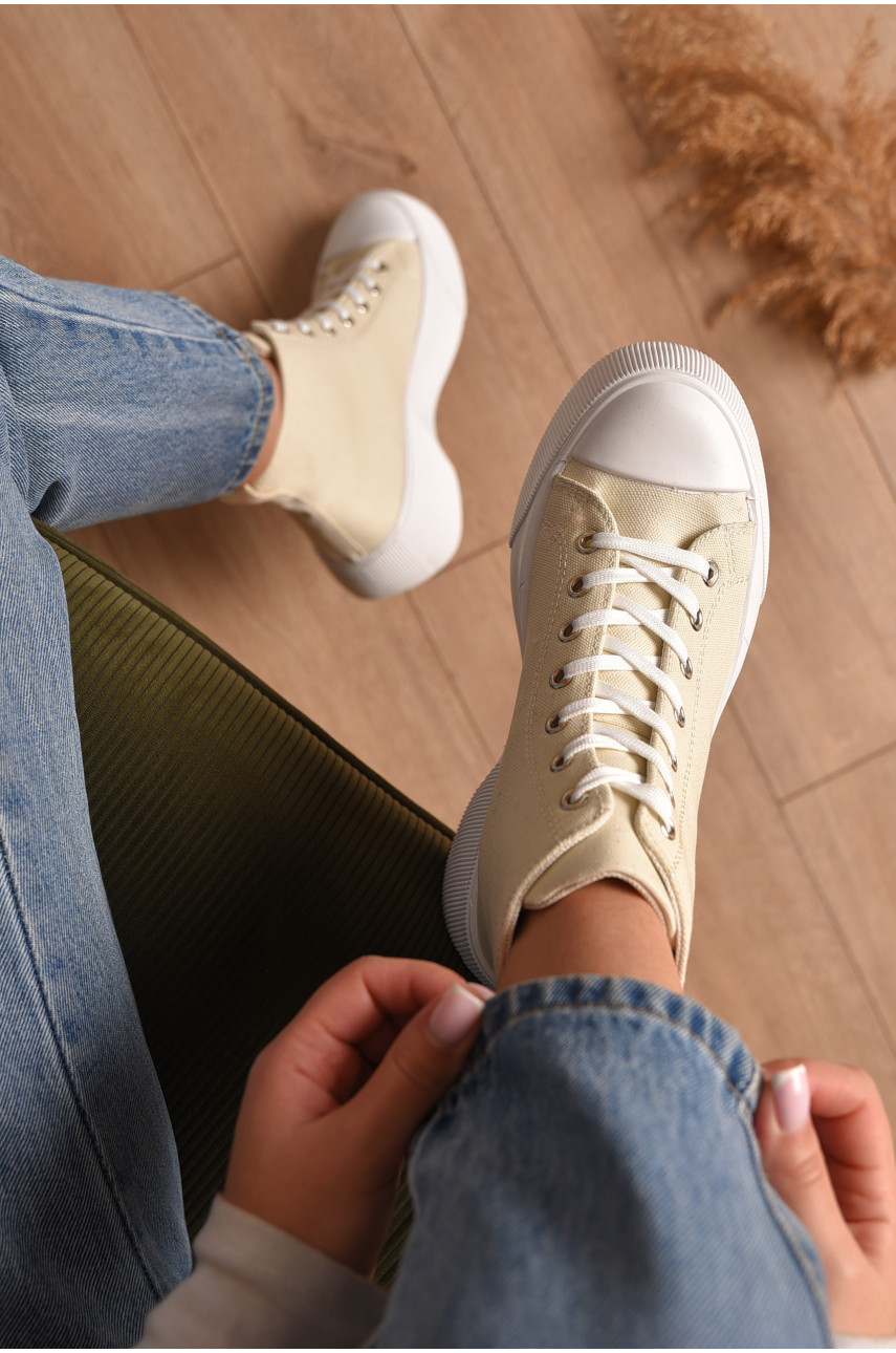 Кеди жіночі високі бежевого кольору на шнурівці текстиль Уцінка 524-2 206244