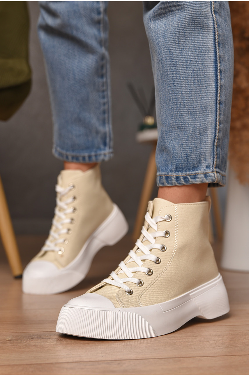 Кеди жіночі високі бежевого кольору на шнурівці текстиль Уцінка 524-2 206244