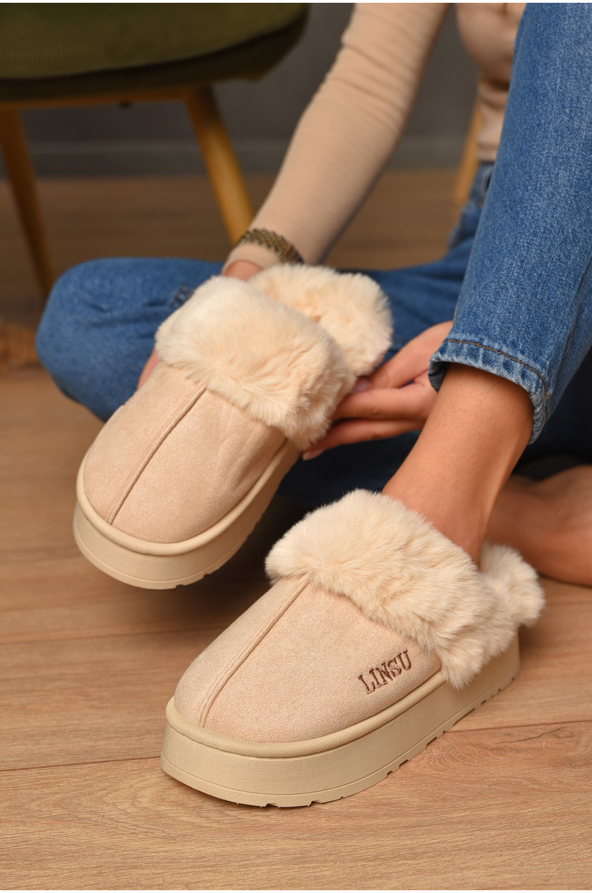 Домашні капці жіночі на хутрі молочного кольору В-48 206326