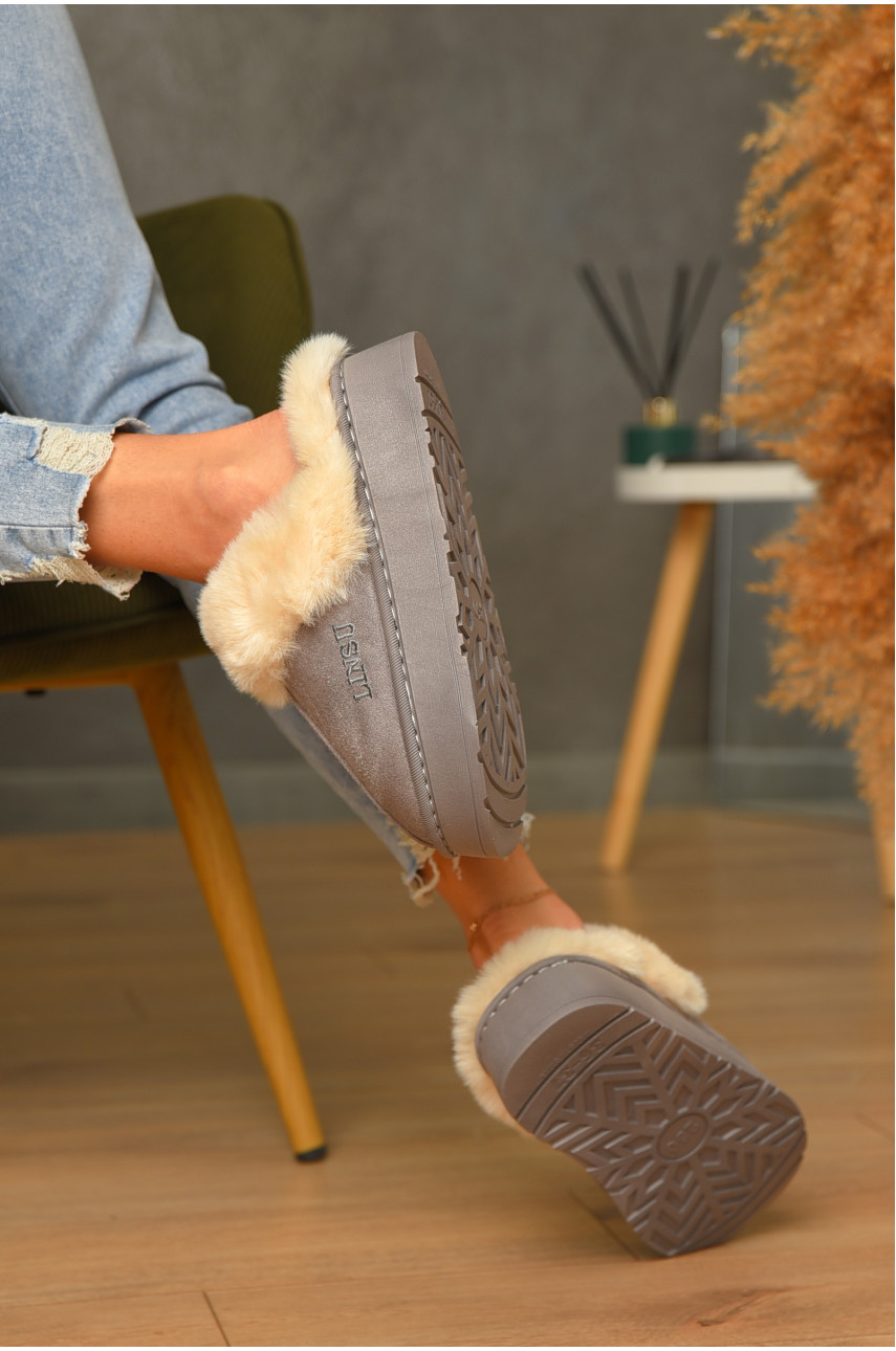 Домашние тапочки женские на меху серого цвета В-48 206330