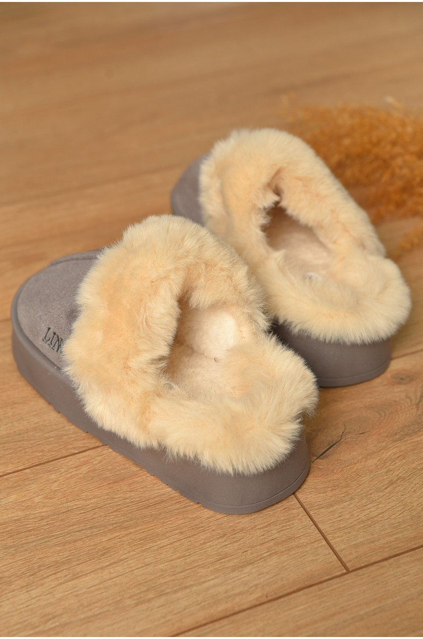 Домашние тапочки женские на меху серого цвета В-48 206330