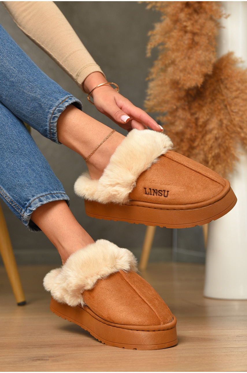 Домашние тапочки женские на меху коричневого цвета В-48 206333
