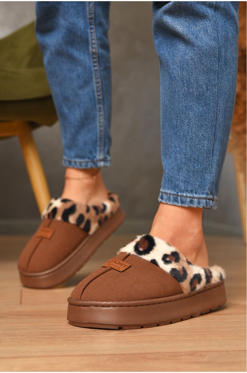 Домашние тапочки женские на меху коричневого цвета А8125 206344