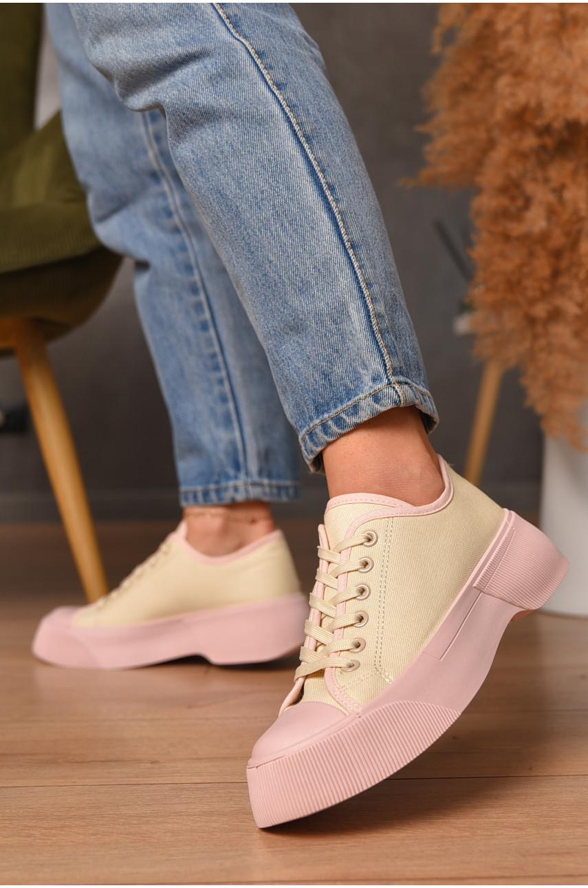 Кеди жіночі бежевого кольору на шнурівці текстиль Уцінка 546-1 206488