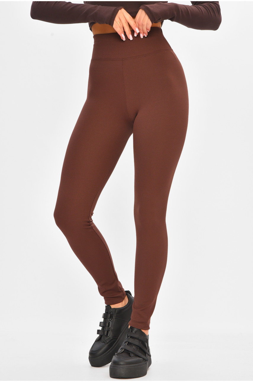 Лосины женские в рубчик на флисе шоколадного цвета 4001 206899