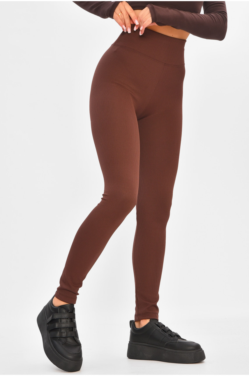 Лосины женские в рубчик на флисе шоколадного цвета 4001 206899