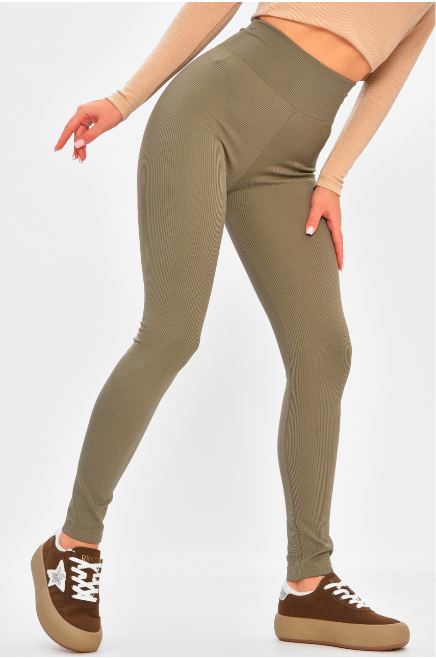Лосины женские в рубчик на флисе оливкового цвета 4001 206903
