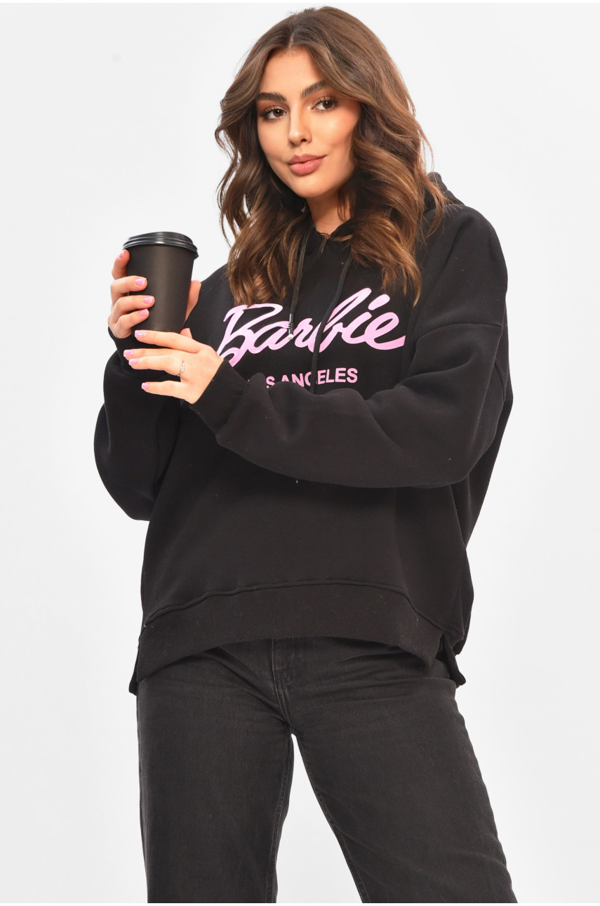 Худи женское полубатальное на флисе черного цвета с принтом 707 206905