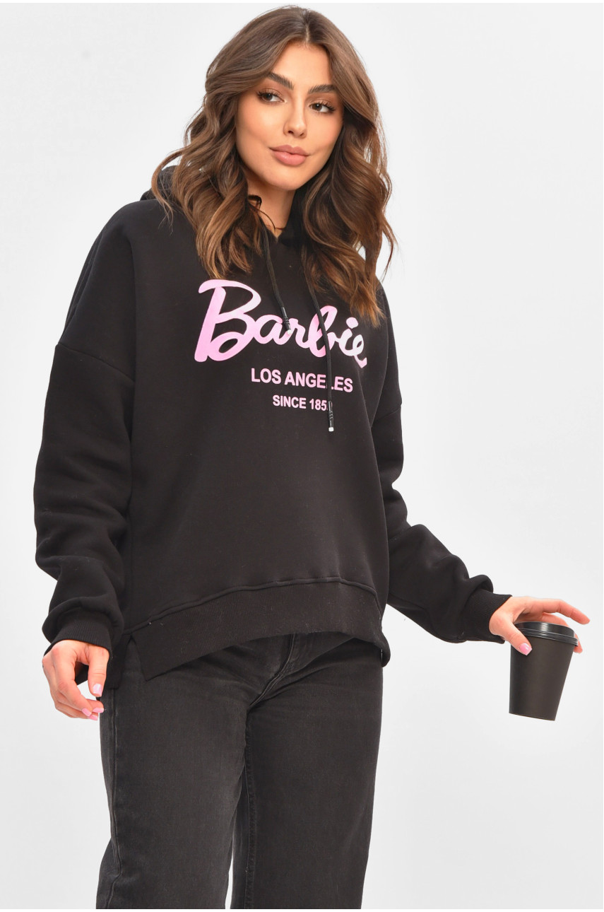 Худи женское полубатальное на флисе черного цвета с принтом 707 206905