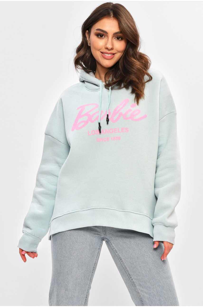 Худи женское полубатальное на флисе голубого цвета с принтом 707 206914