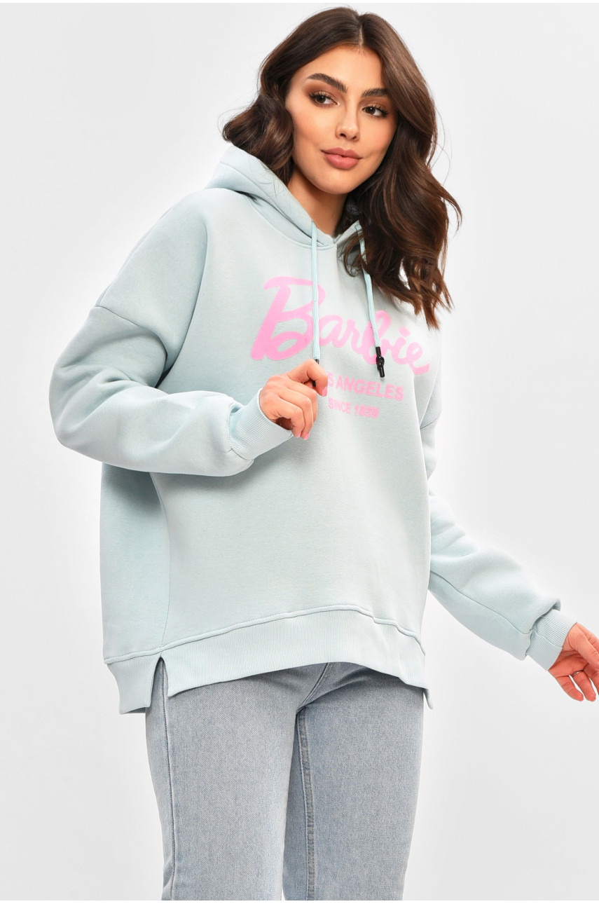 Худи женское полубатальное на флисе голубого цвета с принтом 707 206914