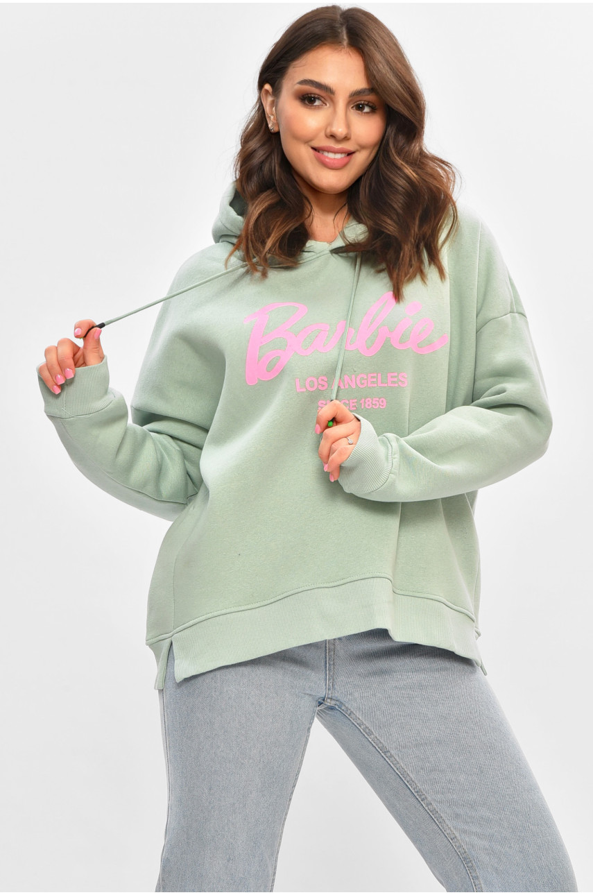 Худи женское полубатальное на флисе мятного цвета с принтом 707 206915