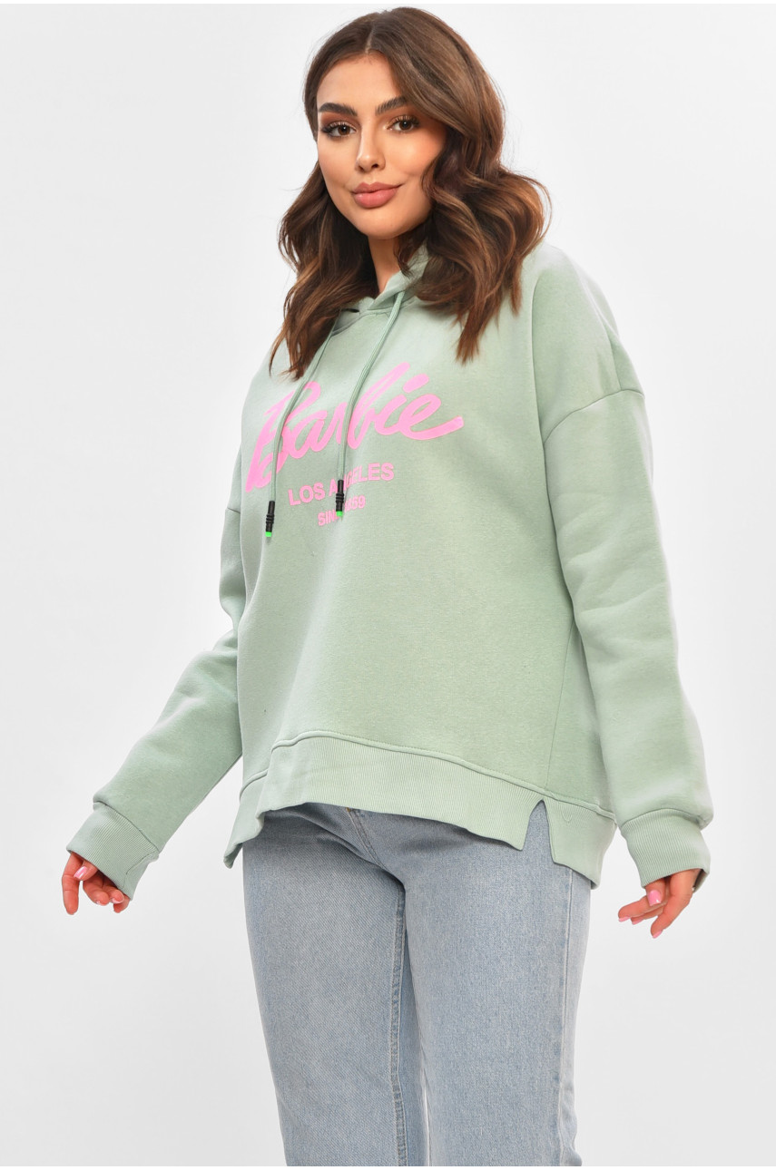 Худи женское полубатальное на флисе мятного цвета с принтом 707 206915
