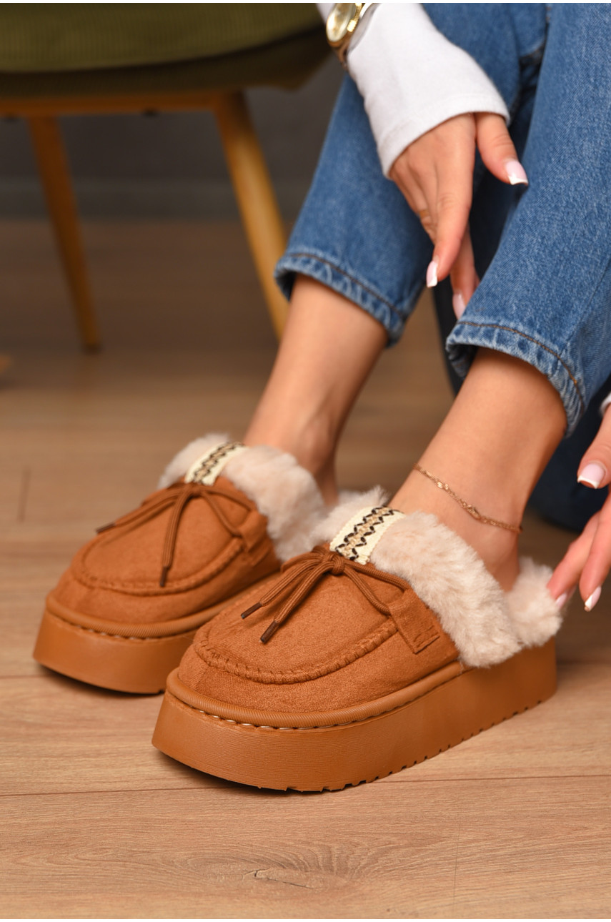 Домашние тапочки женские на меху коричневого цвета А-5145 207043