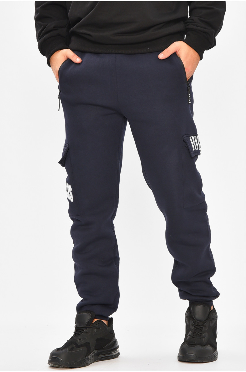 Спортивные штаны мужские на флисе темно-синего цвета L-6711 207194