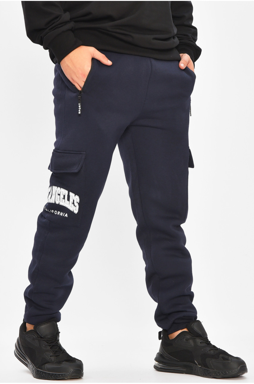 Спортивные штаны мужские на флисе темно-синего цвета L-6711 207194