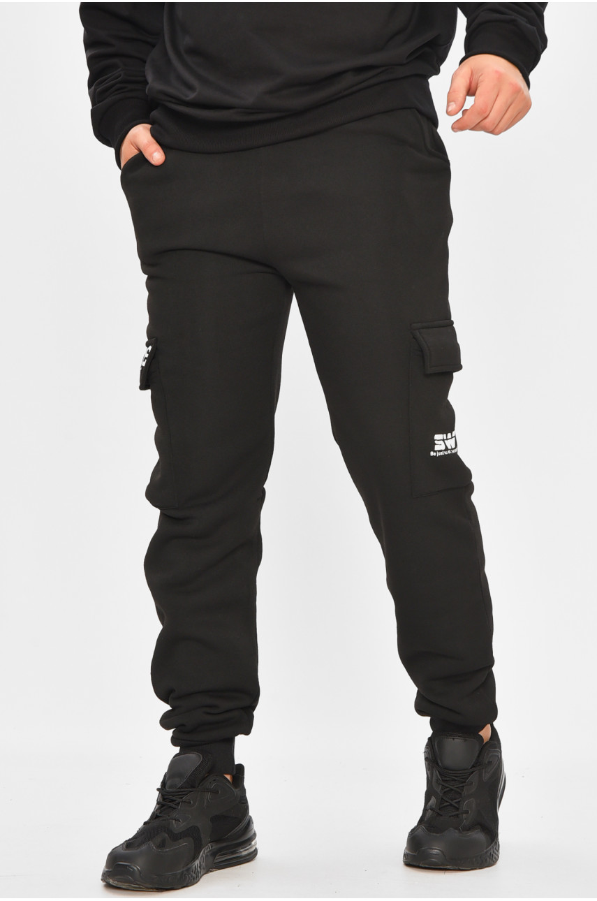 Спортивные штаны мужские на флисе черного цвета L-6722 207196