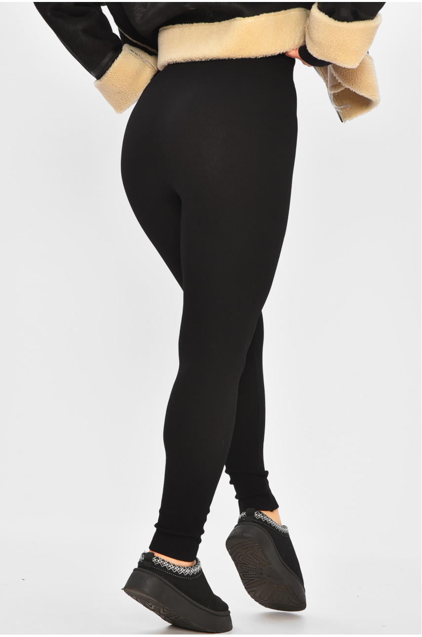 Лосины женские на флисе черного цвета в рубчик 290-10 207357