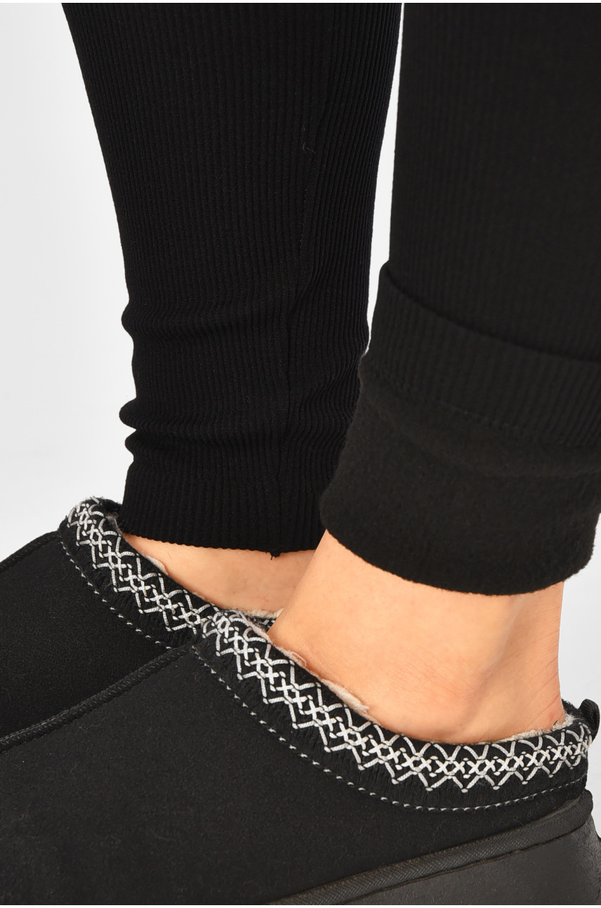 Лосины женские на флисе черного цвета в рубчик 290-10 207357