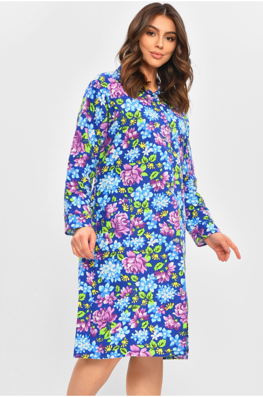 Халат женский байковый батальный синего цвета с цветочным принтом 207381